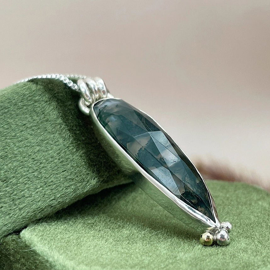 Sterling Silver Moss Agate Charm Necklace with 14k Gold Accent