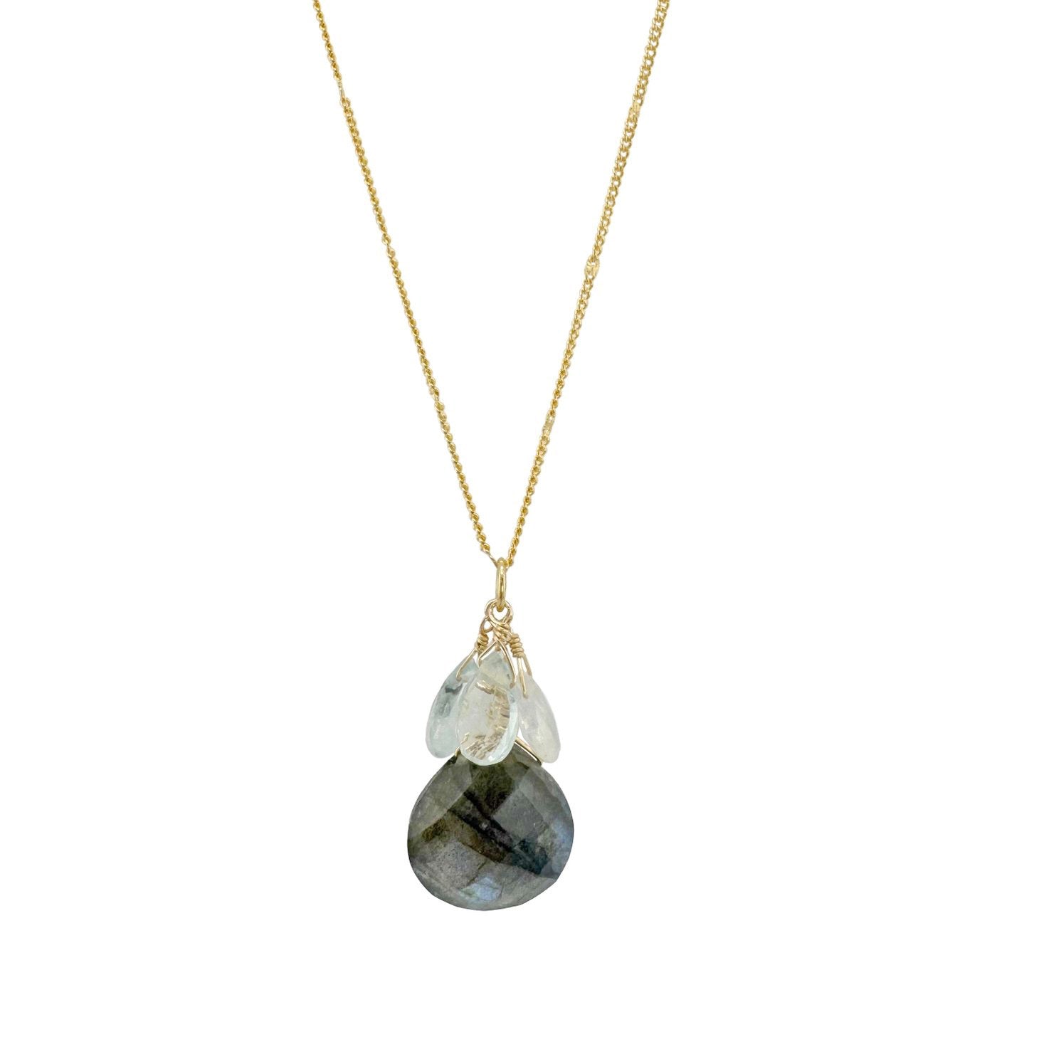 Moss Aquamarine, Moonstone + Labradorite Cluster Necklace - Gold