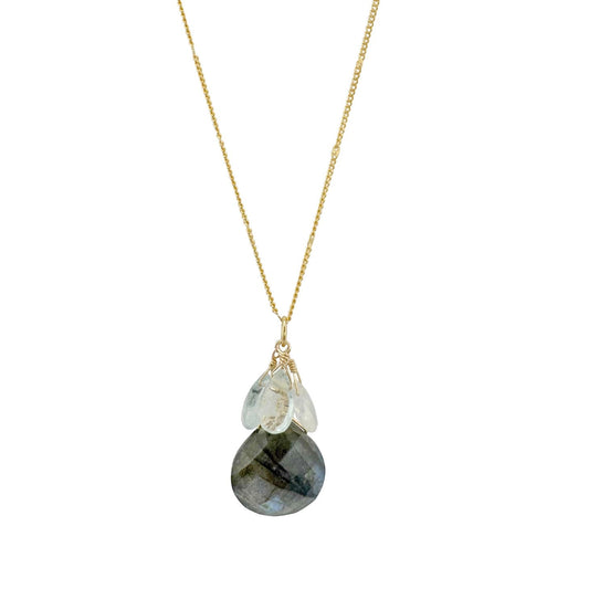 Moss Aquamarine, Moonstone + Labradorite Cluster Necklace - Gold