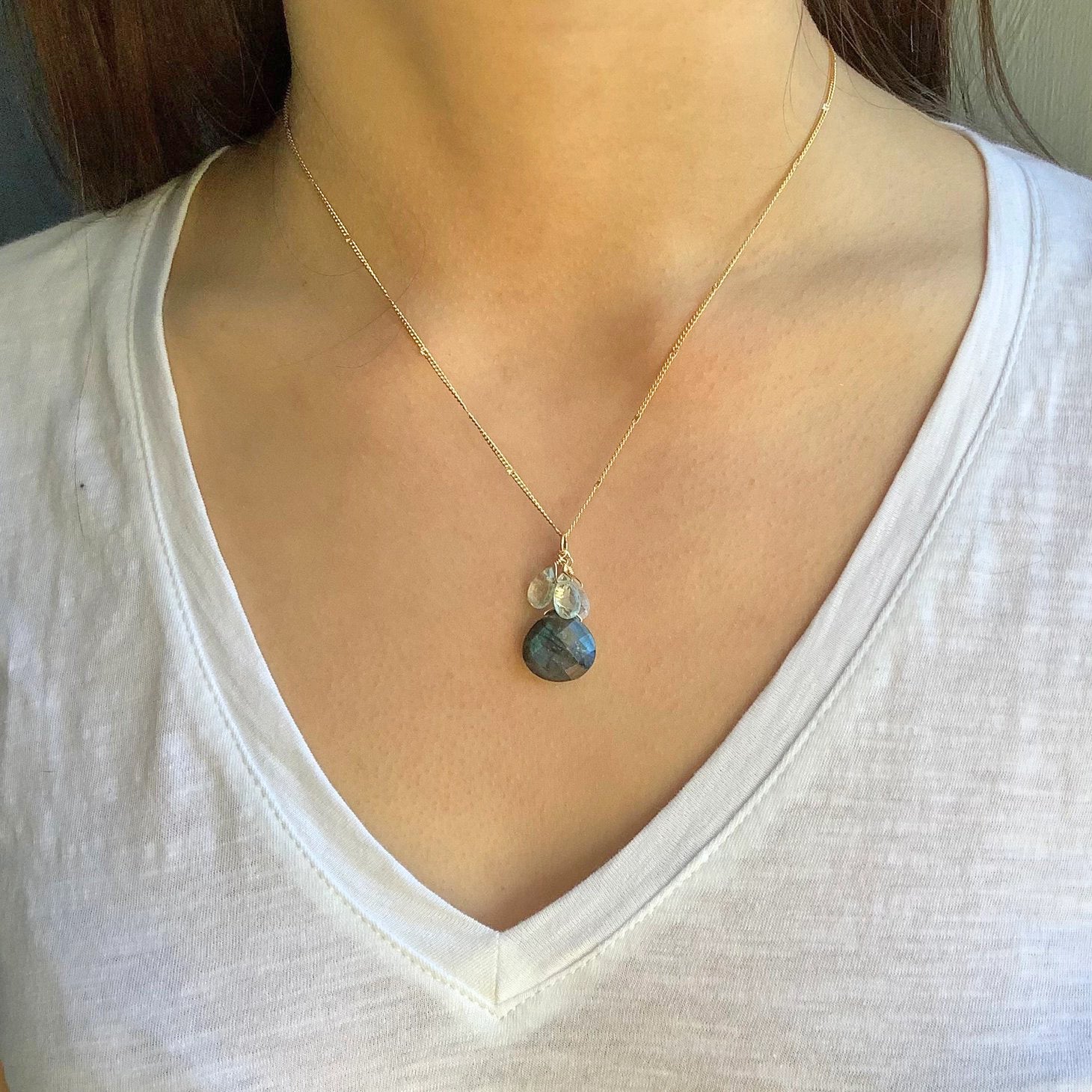 Moss Aquamarine, Moonstone + Labradorite Cluster Necklace - Gold
