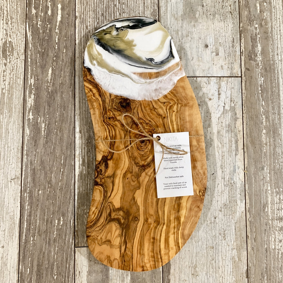 Olivewood Cheese / Charcuterie Board with Resin Accent - Black/White/Gold