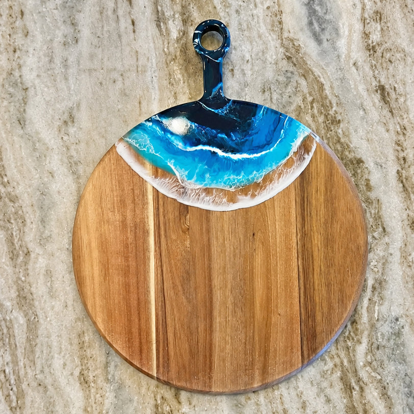Acacia Wood 15" Round Cheese Board with Handle + Resin Accent - Ocean