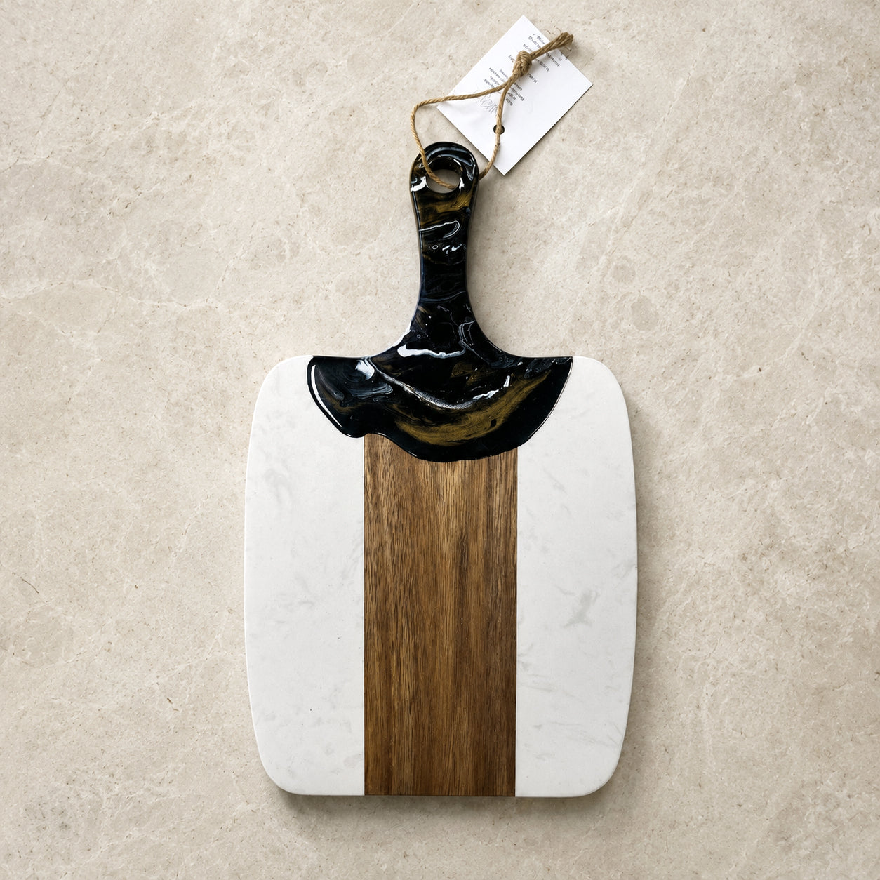 Marble + Acacia Wood Cheese Board with Handle + Resin Accent - Black/White/Gold