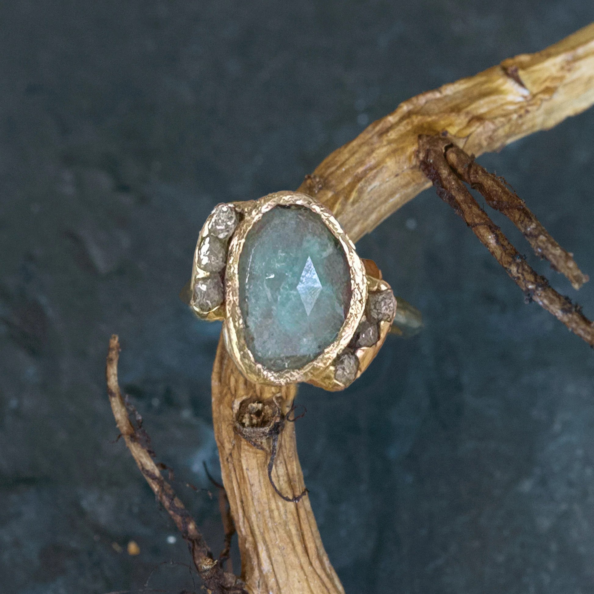 14k Gold Ring with Aquamarine + Raw Diamonds