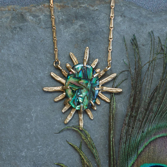 Paua Shell + Hammered Brass 'Nova' Pendant Necklace