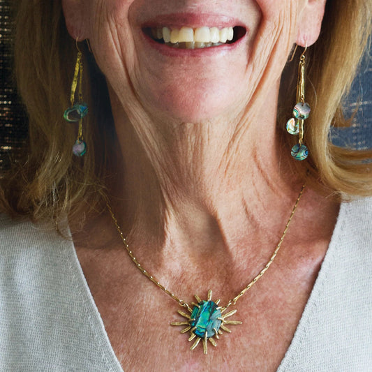 Paua Shell + Hammered Brass 'Nova' Pendant Necklace