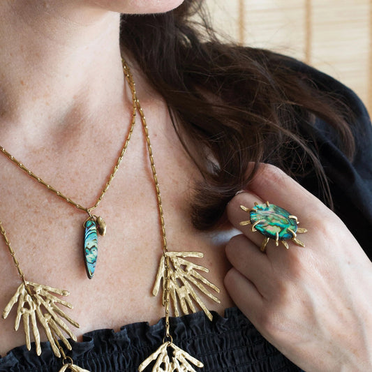Paua Shell + Hammered Brass 'Nova' Statement Ring