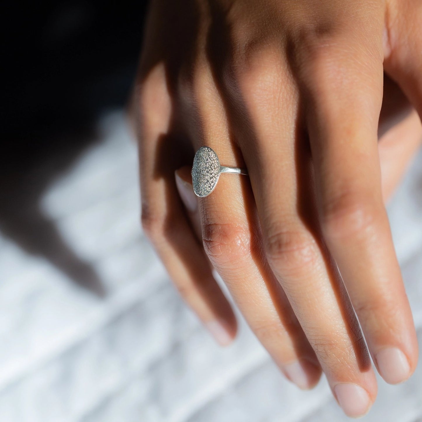 Diamond Dusted Orbit Oval Statement Ring - Sterling Silver