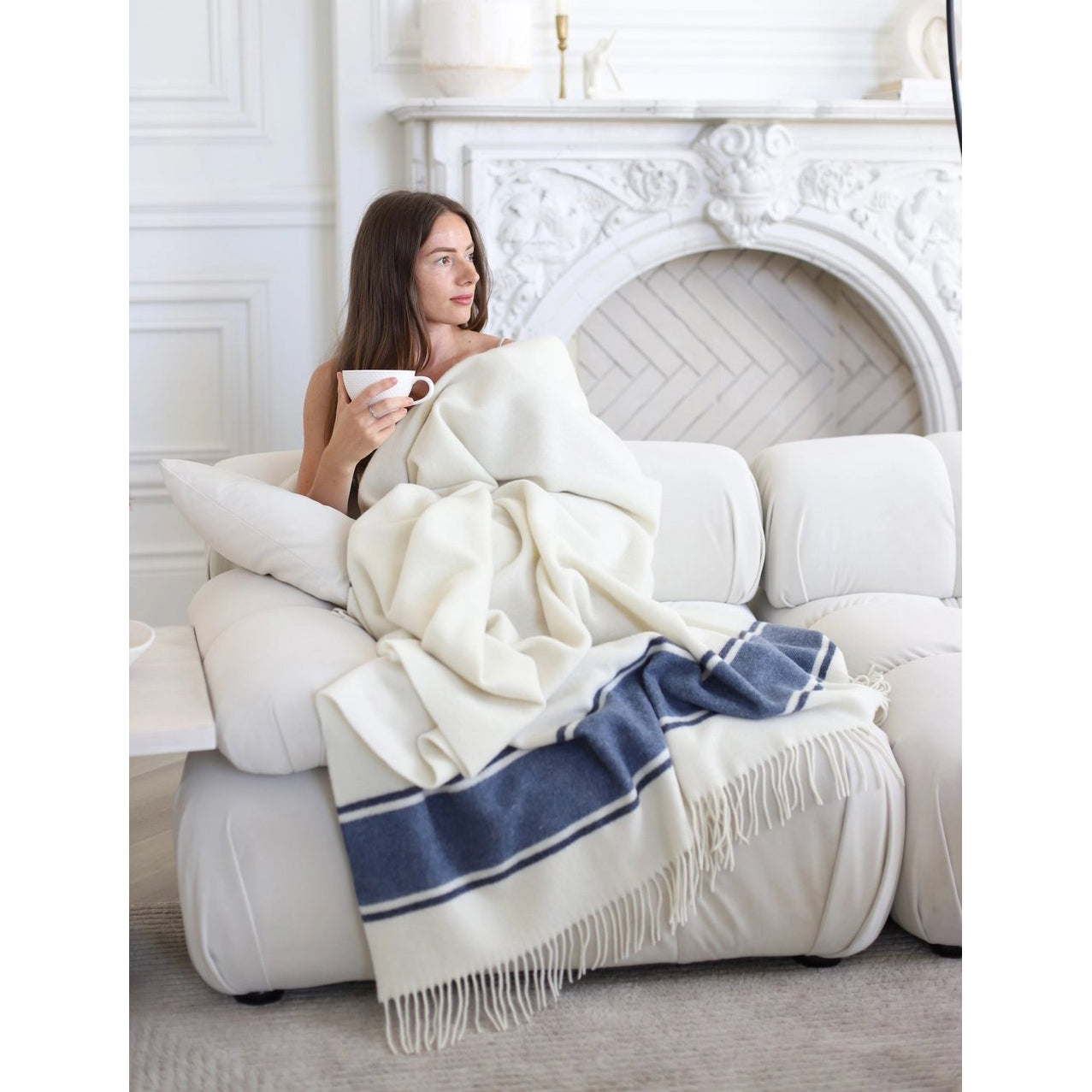 Oslo Cashmere/Wool Blend Throw - Off White + Blue Stripe