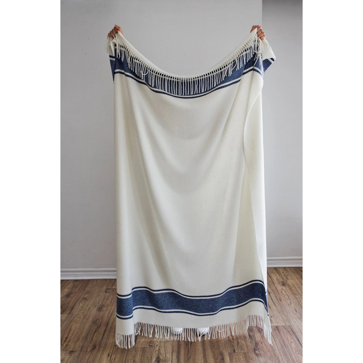 Oslo Cashmere/Wool Blend Throw - Off White + Blue Stripe