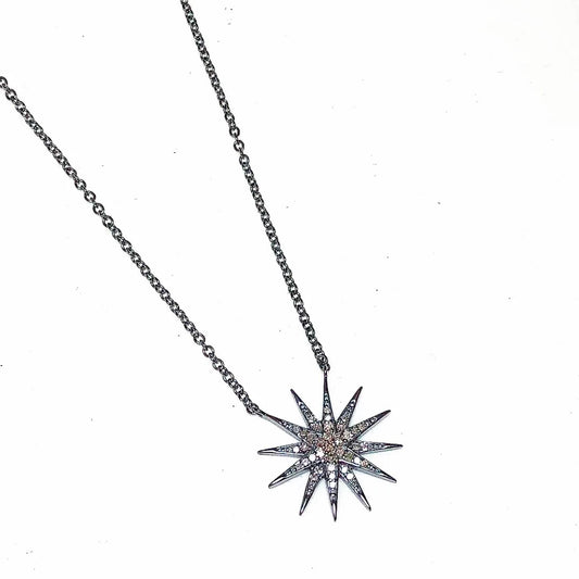 Oxidized Sterling Silver + Pave Diamond Starburst Pendant Necklace