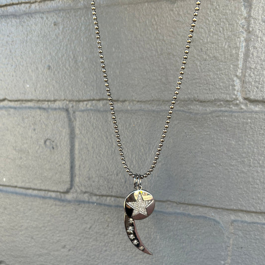 Oxidized Sterling Silver Crescent Moon + Star Diamond Charm Necklace