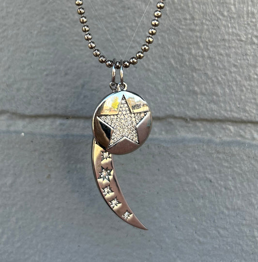 Oxidized Sterling Silver Crescent Moon + Star Diamond Charm Necklace