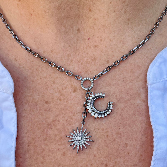 Oxidized Sterling Silver Star + Moon Lariat Necklace with Pave Diamonds