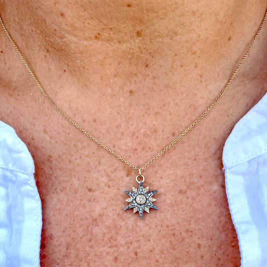 14k Gold + Oxidized Sterling Silver Starburst Pendant Necklace with Diamonds