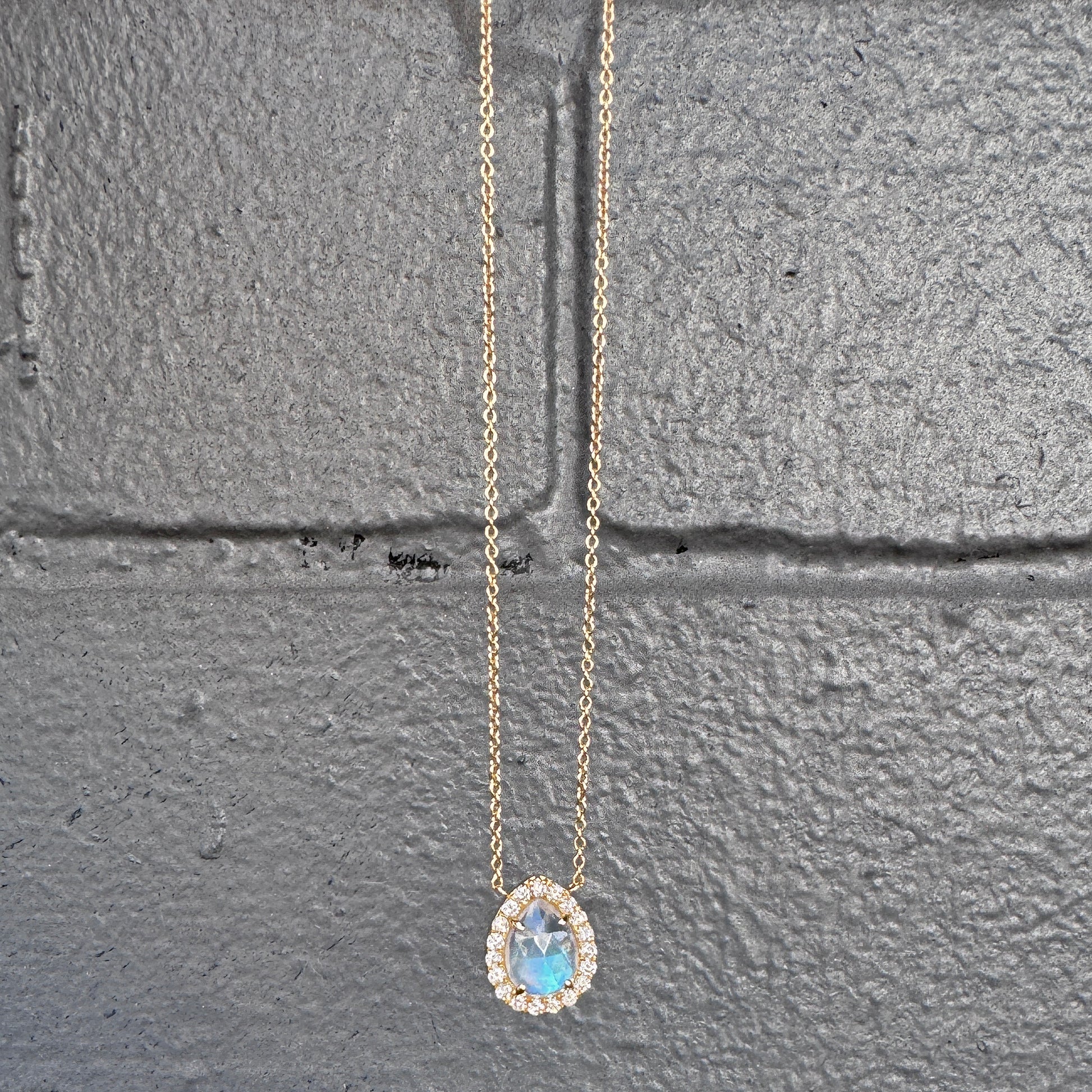 14k Gold + Moonstone Mini Teardrop Pendant Necklace with Diamonds