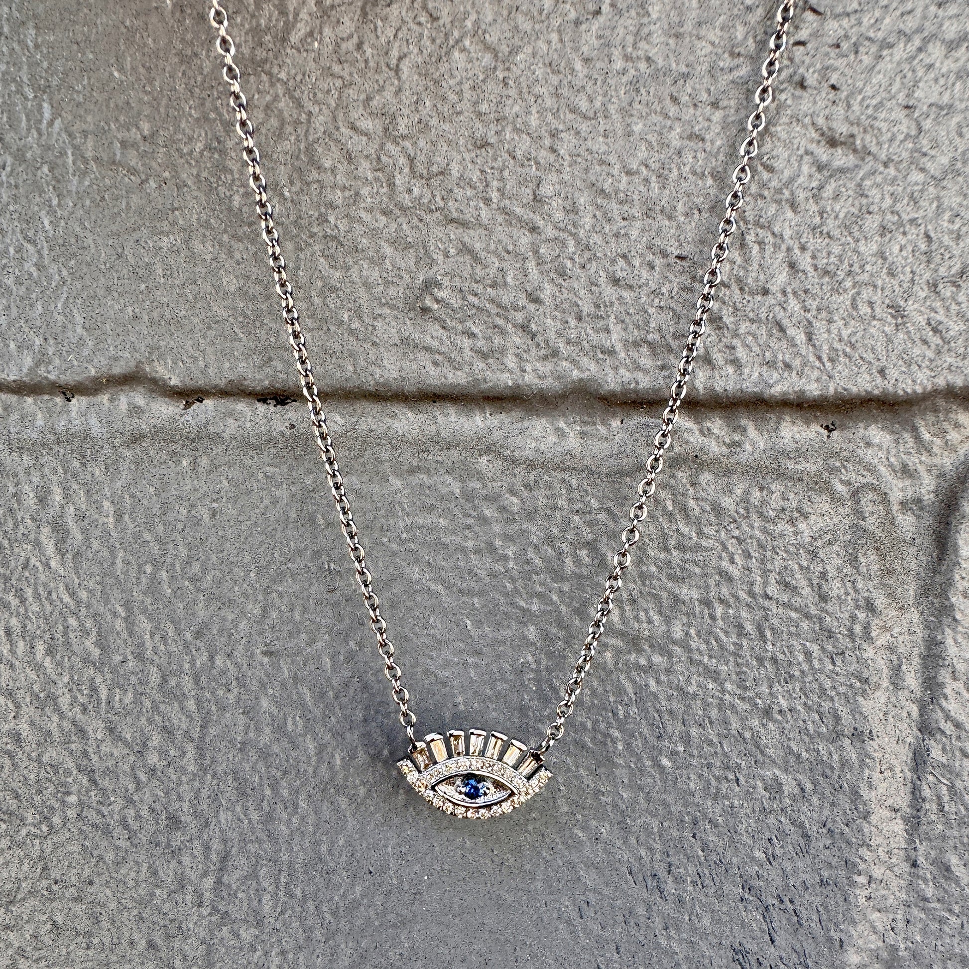 Oxidized Sterling Silver, Diamond + Sapphire Evil Eye Pendant Necklace