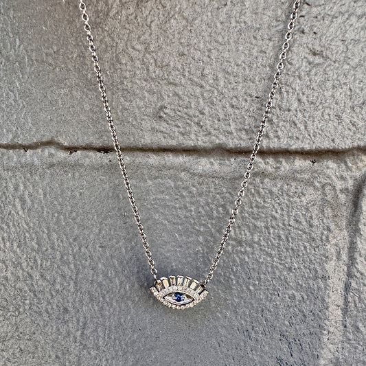 Oxidized Sterling Silver, Diamond + Sapphire Evil Eye Pendant Necklace