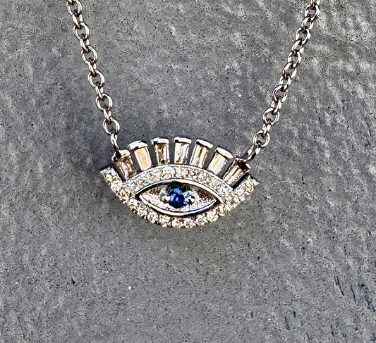 Oxidized Sterling Silver, Diamond + Sapphire Evil Eye Pendant Necklace