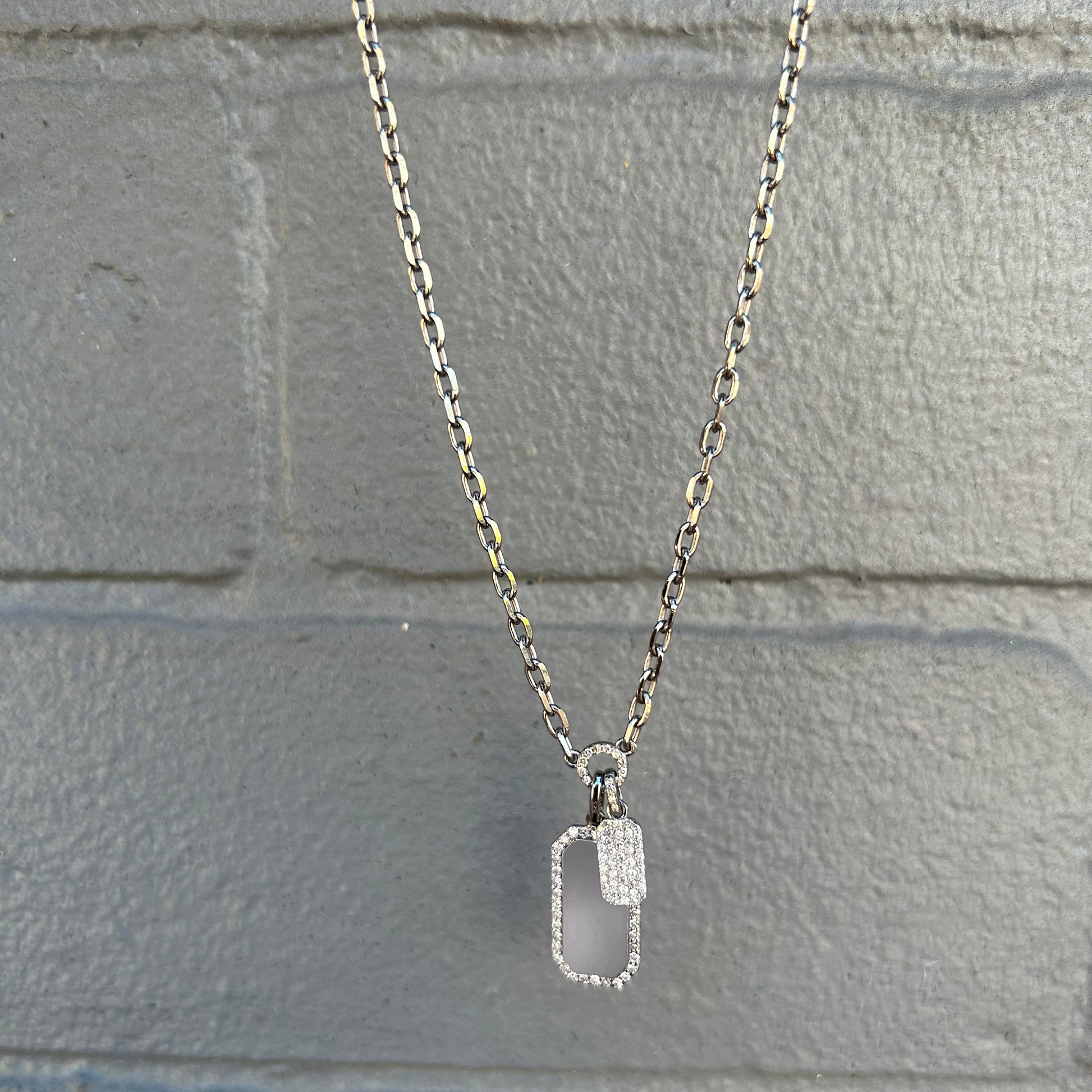 Oxidized Sterling Silver + Pave Diamond Double Dog Tag Charm Necklace