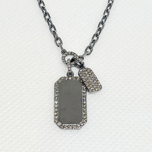 Oxidized Sterling Silver + Pave Diamond Double Dog Tag Charm Necklace