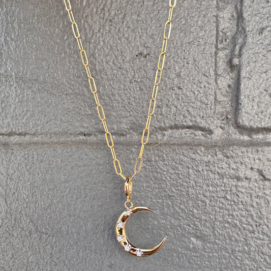 14k Gold + Diamond Crescent Moon Charm Necklace