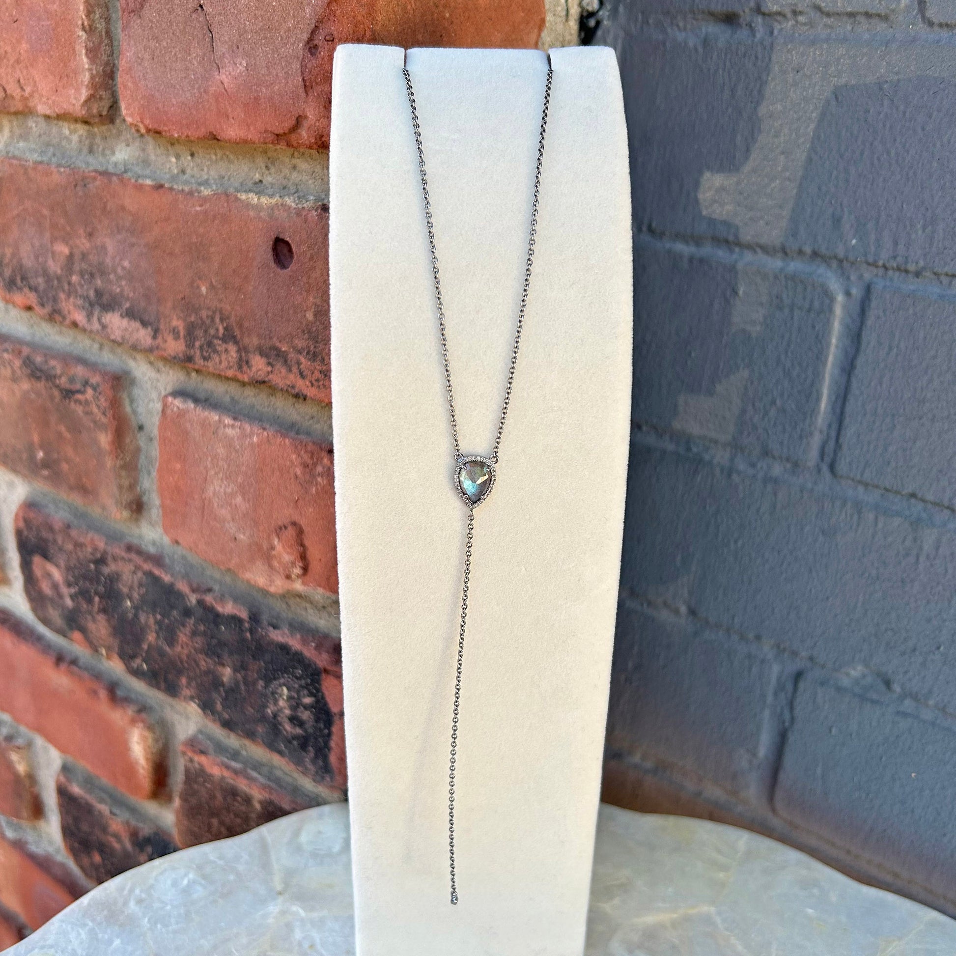 Oxidized Sterling Silver Y-Necklace with Teardrop Labradorite + Pave Diamond Halo