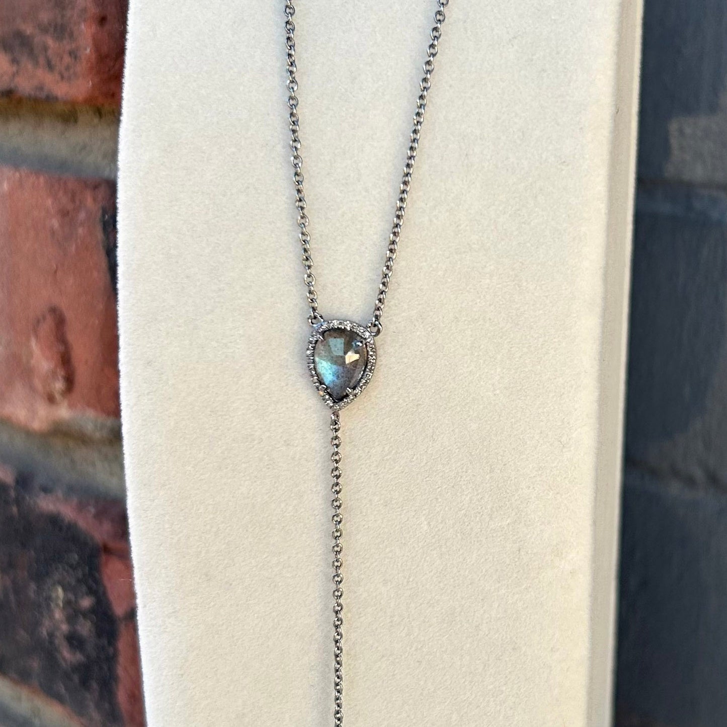 Oxidized Sterling Silver Y-Necklace with Teardrop Labradorite + Pave Diamond Halo