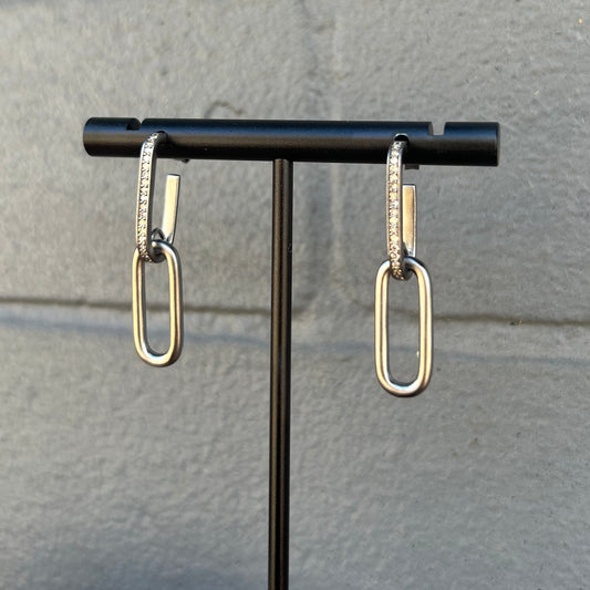 Oxidized Matte Sterling Silver + Pave Diamond Double Paperclip Dangle Earrings