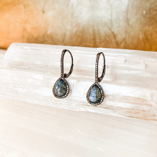Oxidized Sterling Silver Drop Earrings with Labradorite + Pave Diamonds