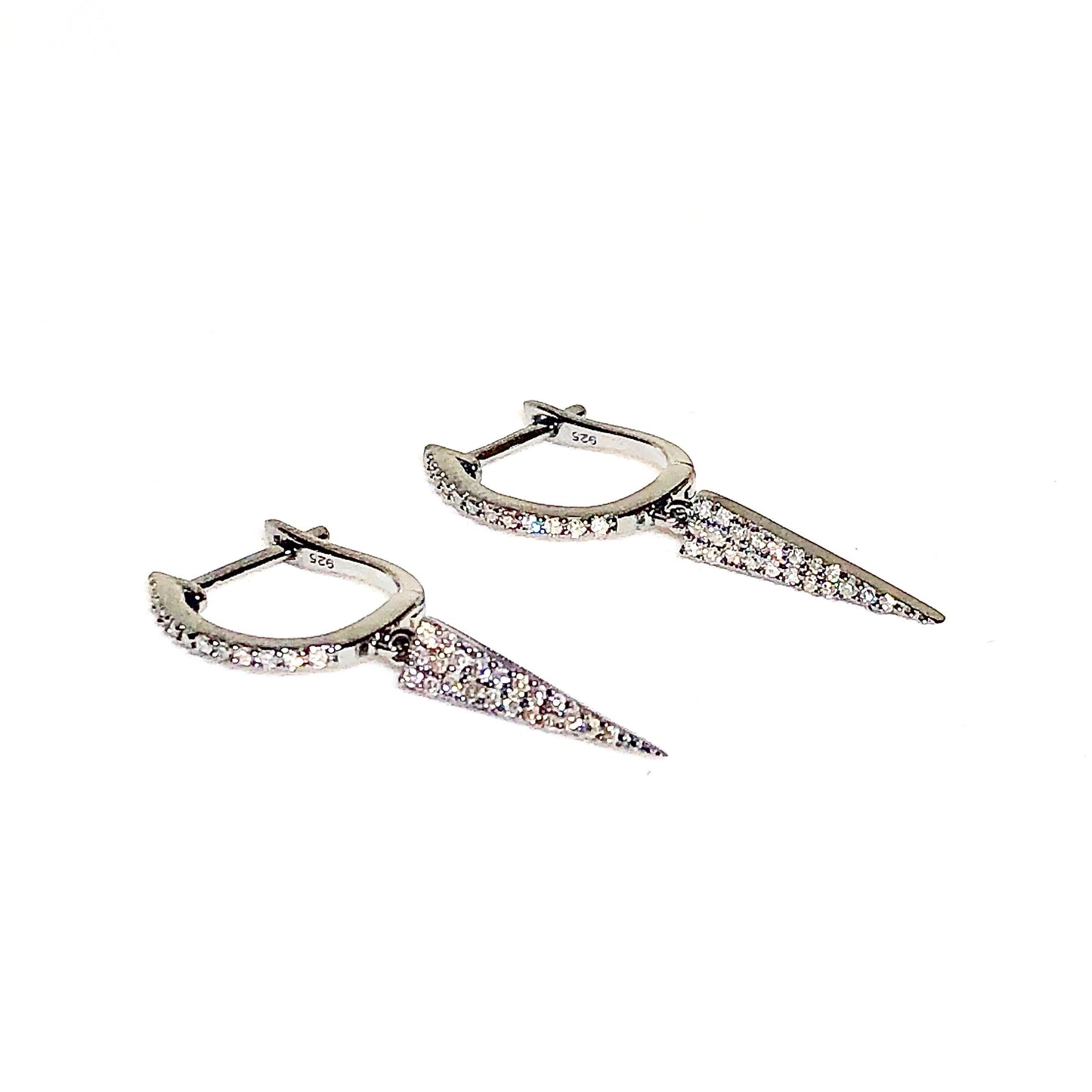 Oxidized Sterling Silver Huggie Earrings with Pave Diamond V-Shaped Drops