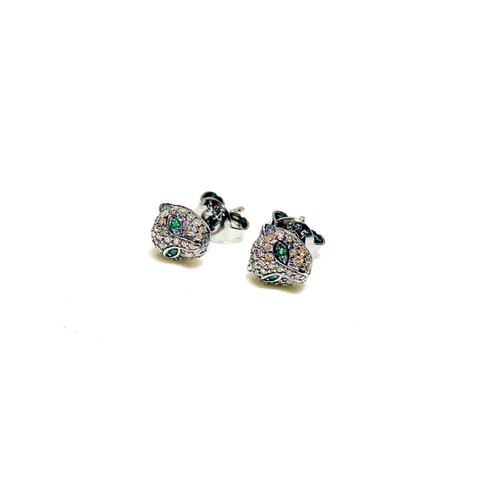Oxidized Sterling Silver Mini Jaguar Stud Earrings with Pave Diamonds + Emeralds