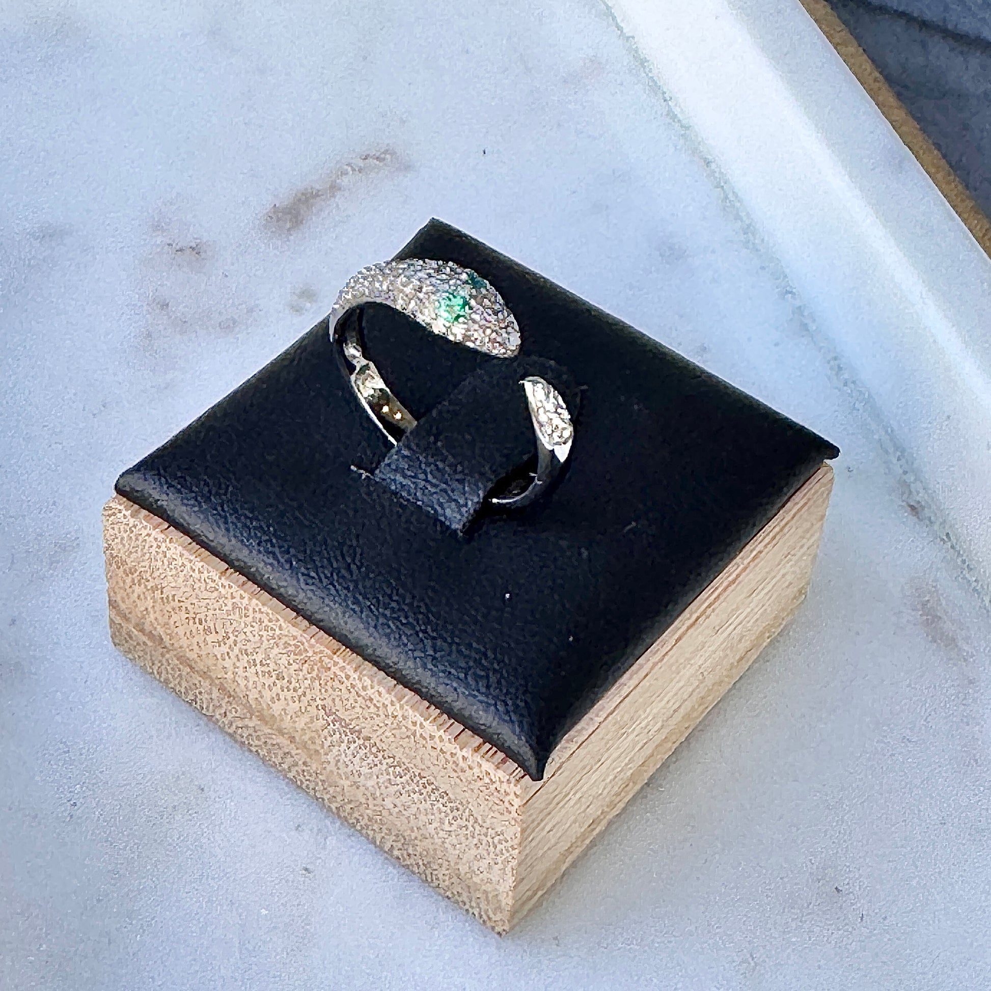 Oxidized Sterling Silver Open Snake Ring with Pavé Diamonds + Emeralds