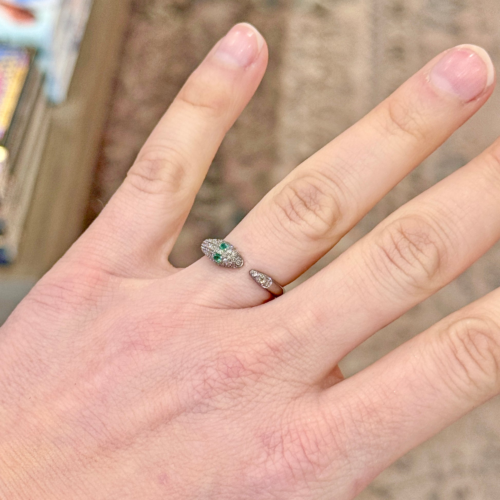 Oxidized Sterling Silver Open Snake Ring with Pavé Diamonds + Emeralds