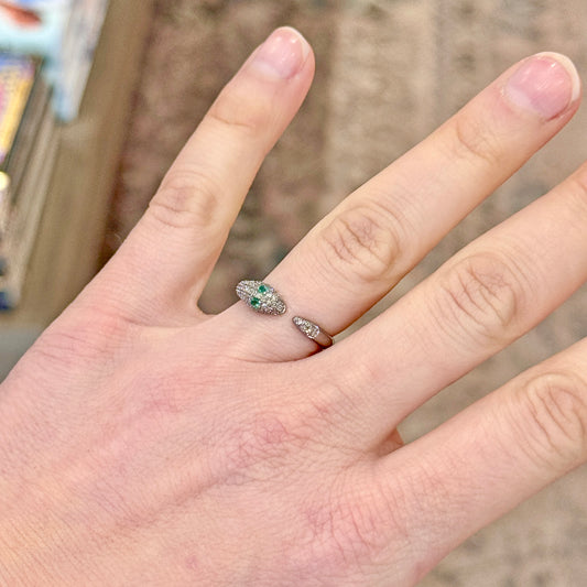 Oxidized Sterling Silver Open Snake Ring with Pavé Diamonds + Emeralds