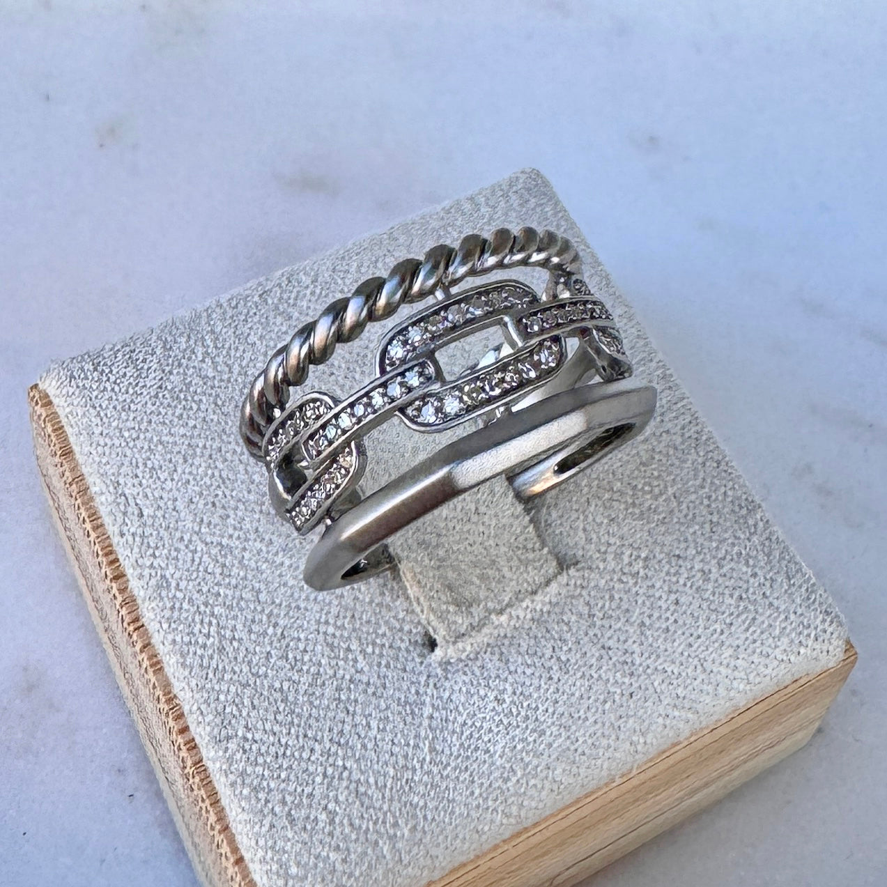 Oxidized Sterling Silver Triple Band Ring with Pavé Diamonds