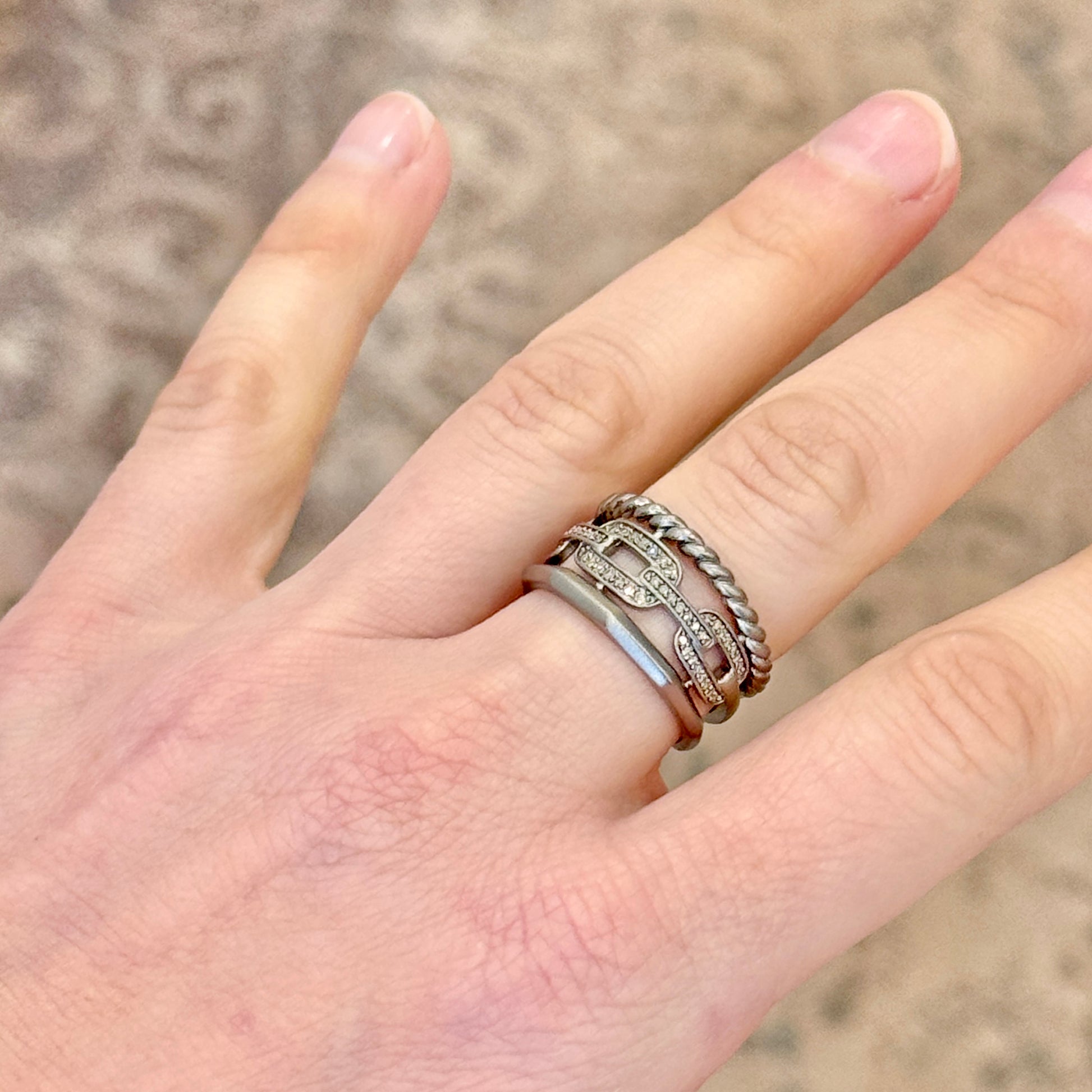 Oxidized Sterling Silver Triple Band Ring with Pavé Diamonds