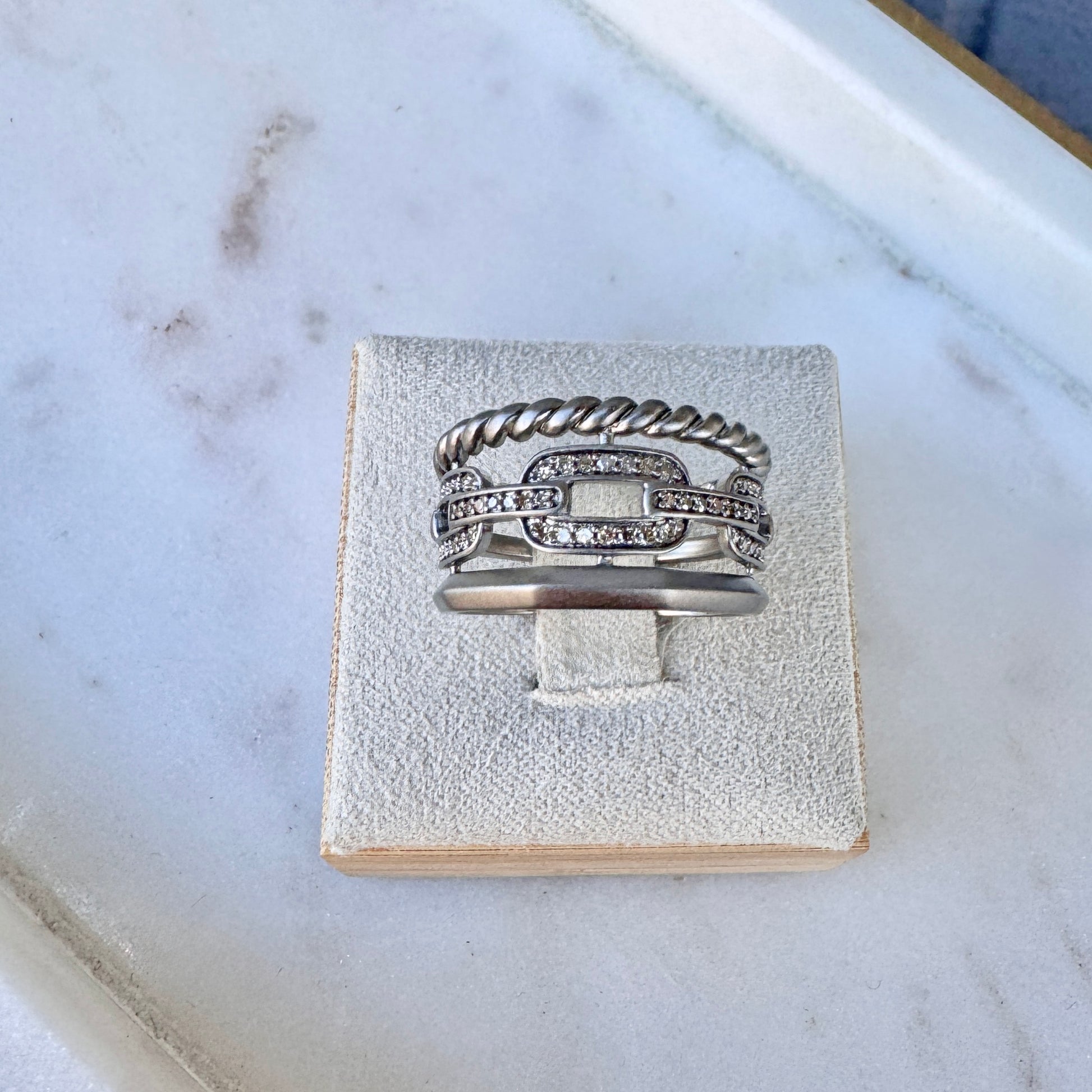 Oxidized Sterling Silver Triple Band Ring with Pavé Diamonds