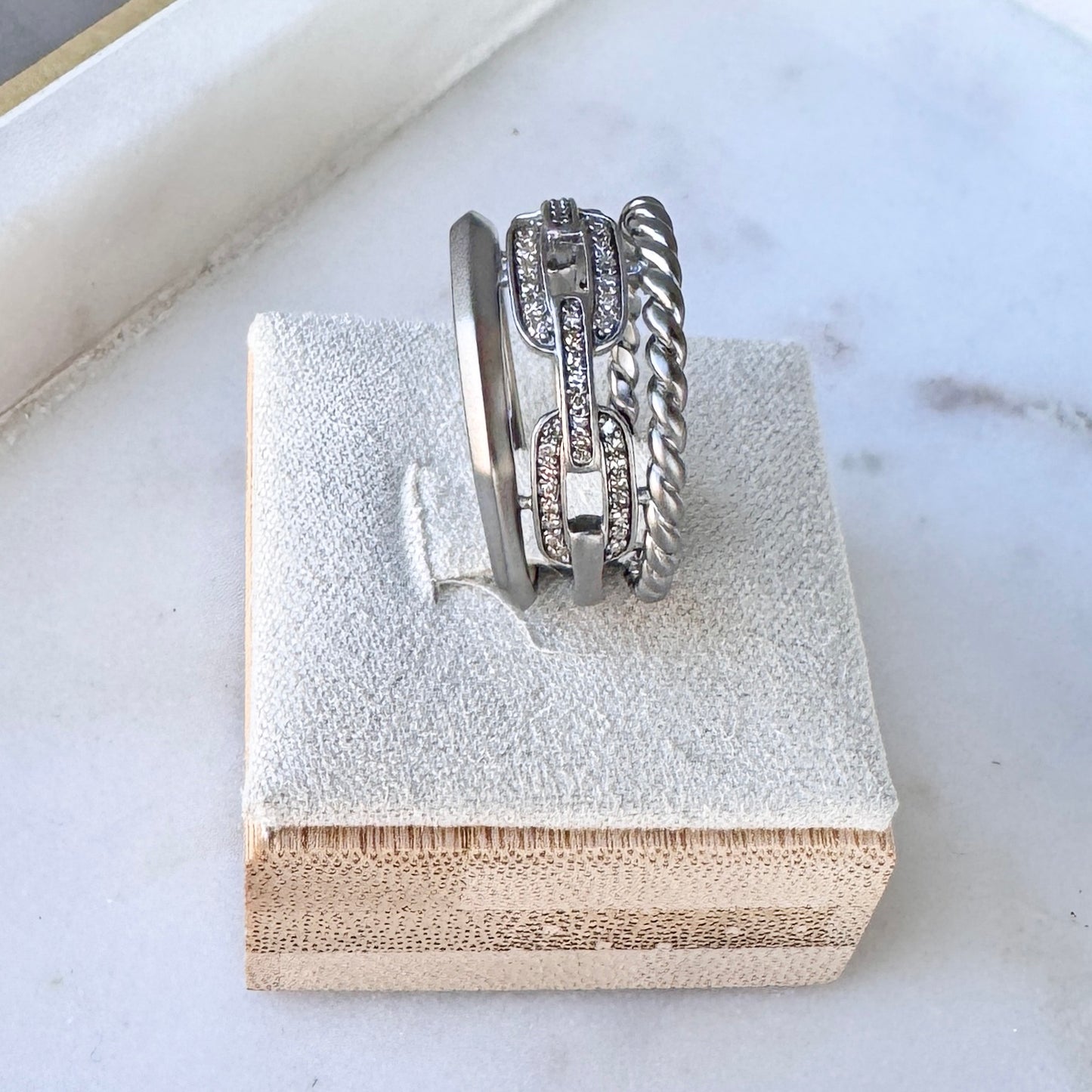 Oxidized Sterling Silver Triple Band Ring with Pavé Diamonds