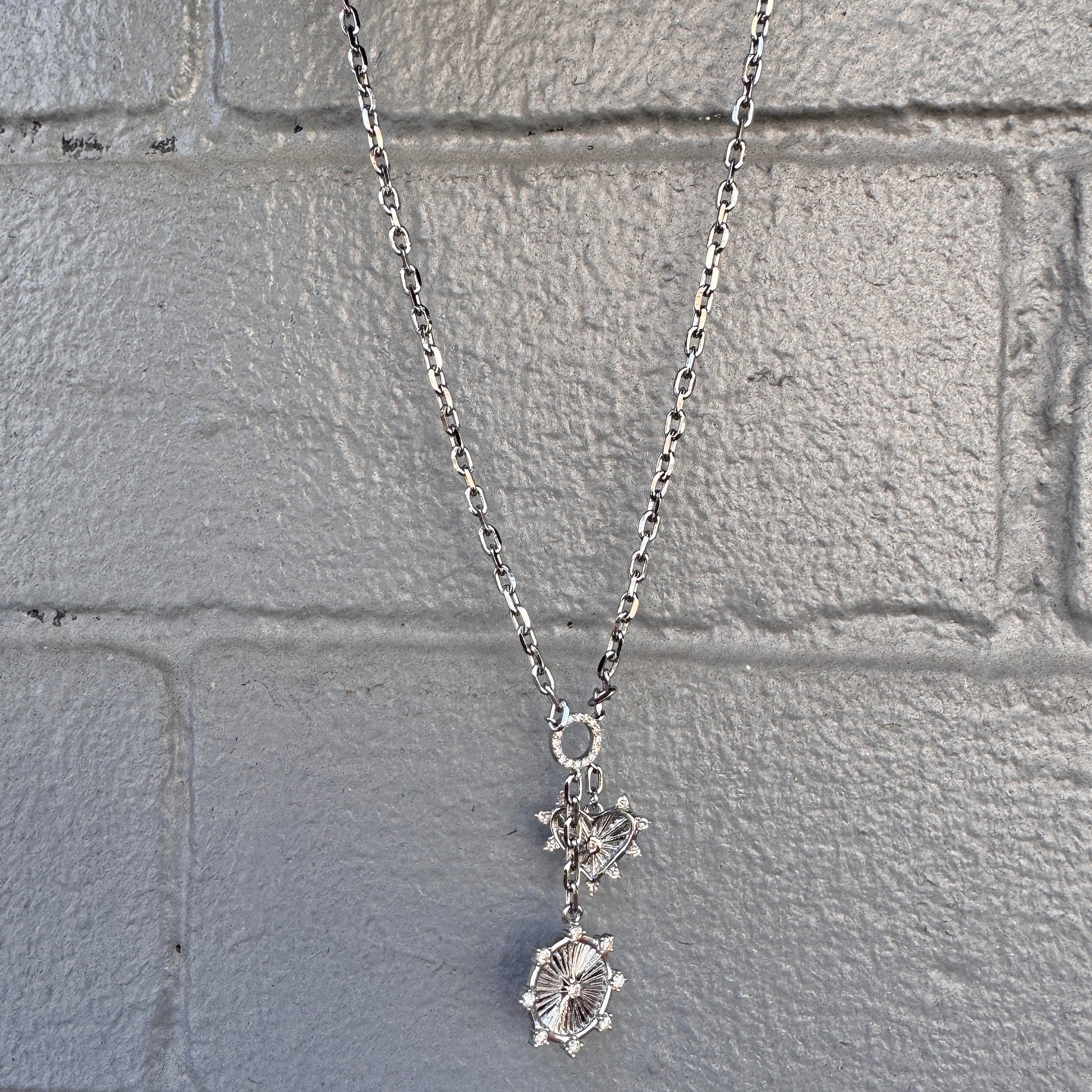 Oxidized Sterling Silver Heart + Disc Charm Necklace with Pavé Diamonds
