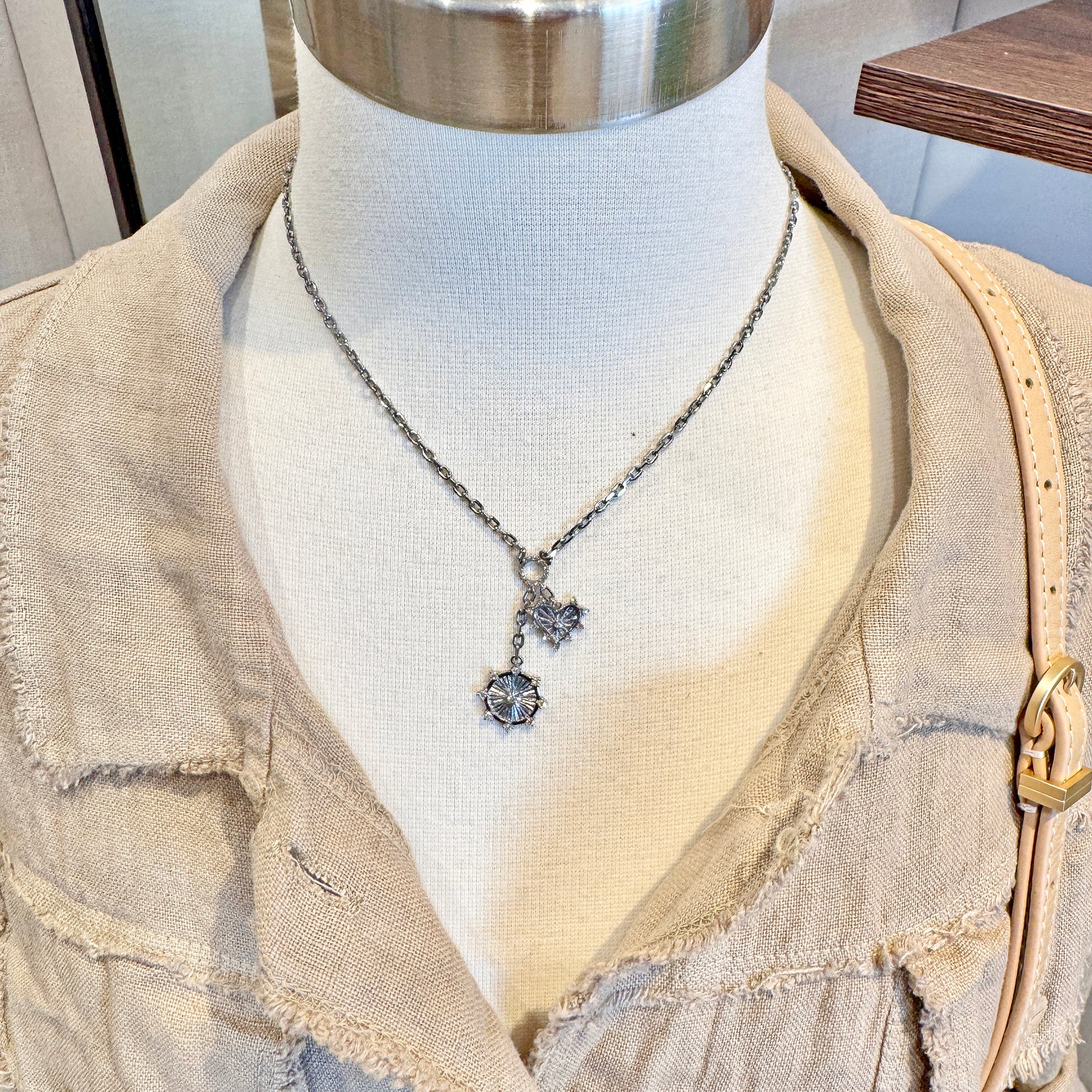 Oxidized Sterling Silver Heart + Disc Charm Necklace with Pavé Diamonds