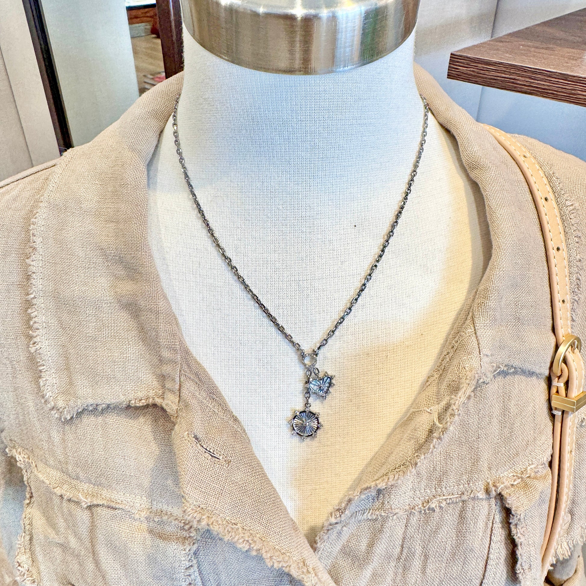 Oxidized Sterling Silver Heart + Disc Charm Necklace with Pavé Diamonds