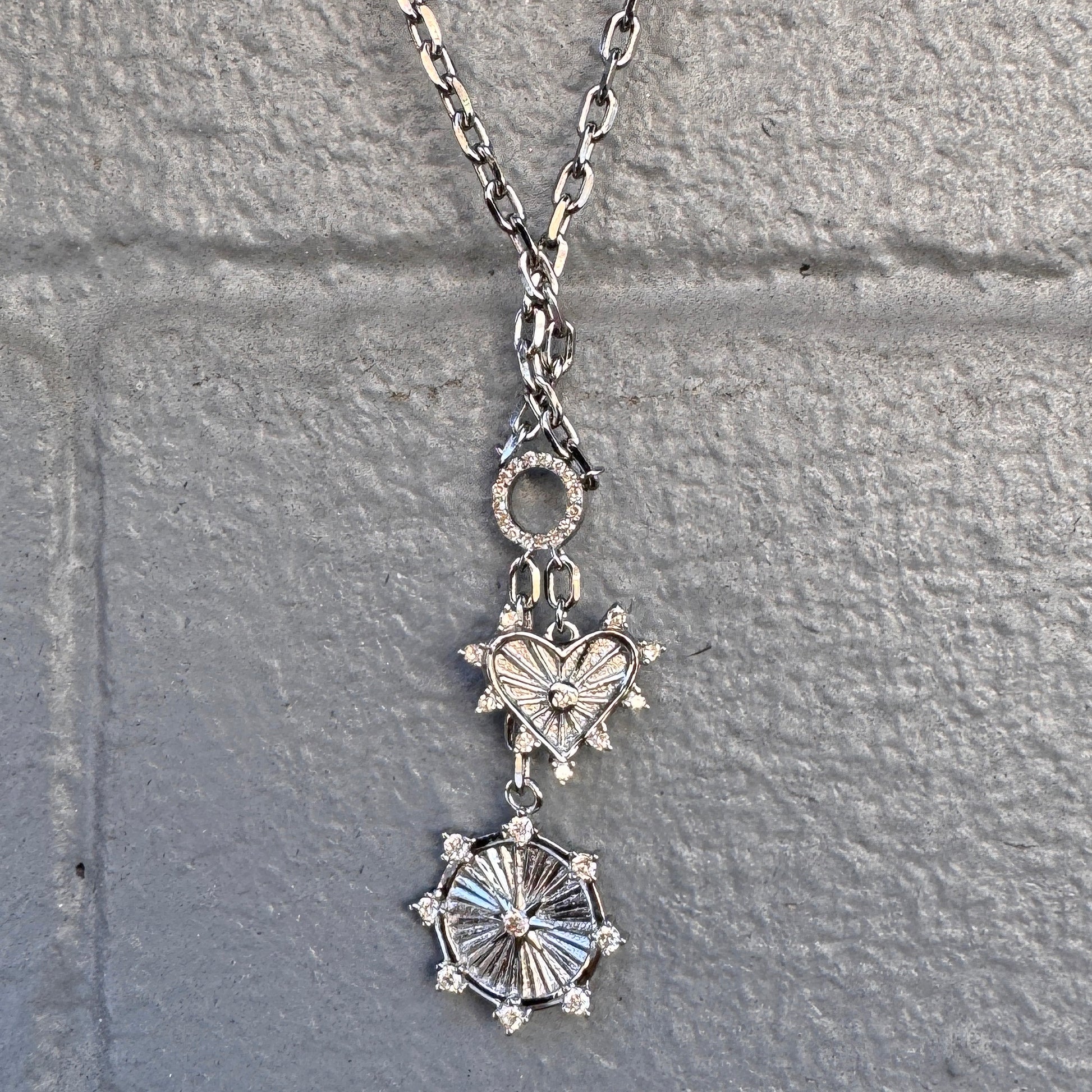 Oxidized Sterling Silver Heart + Disc Charm Necklace with Pavé Diamonds