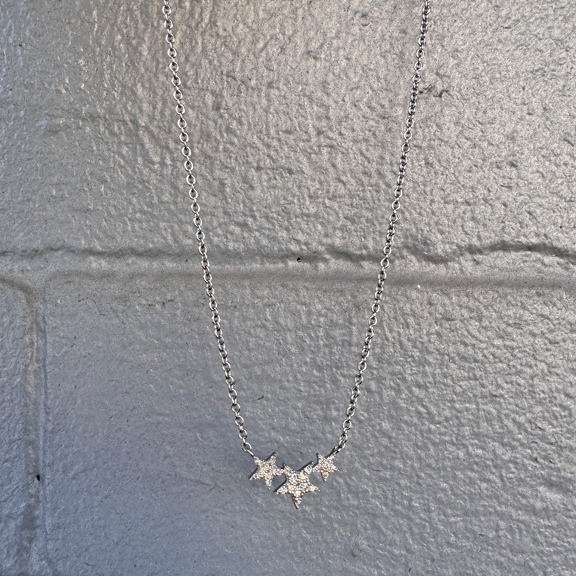 Oxidized Sterling Silver Triple Star Necklace with Pavé Diamonds