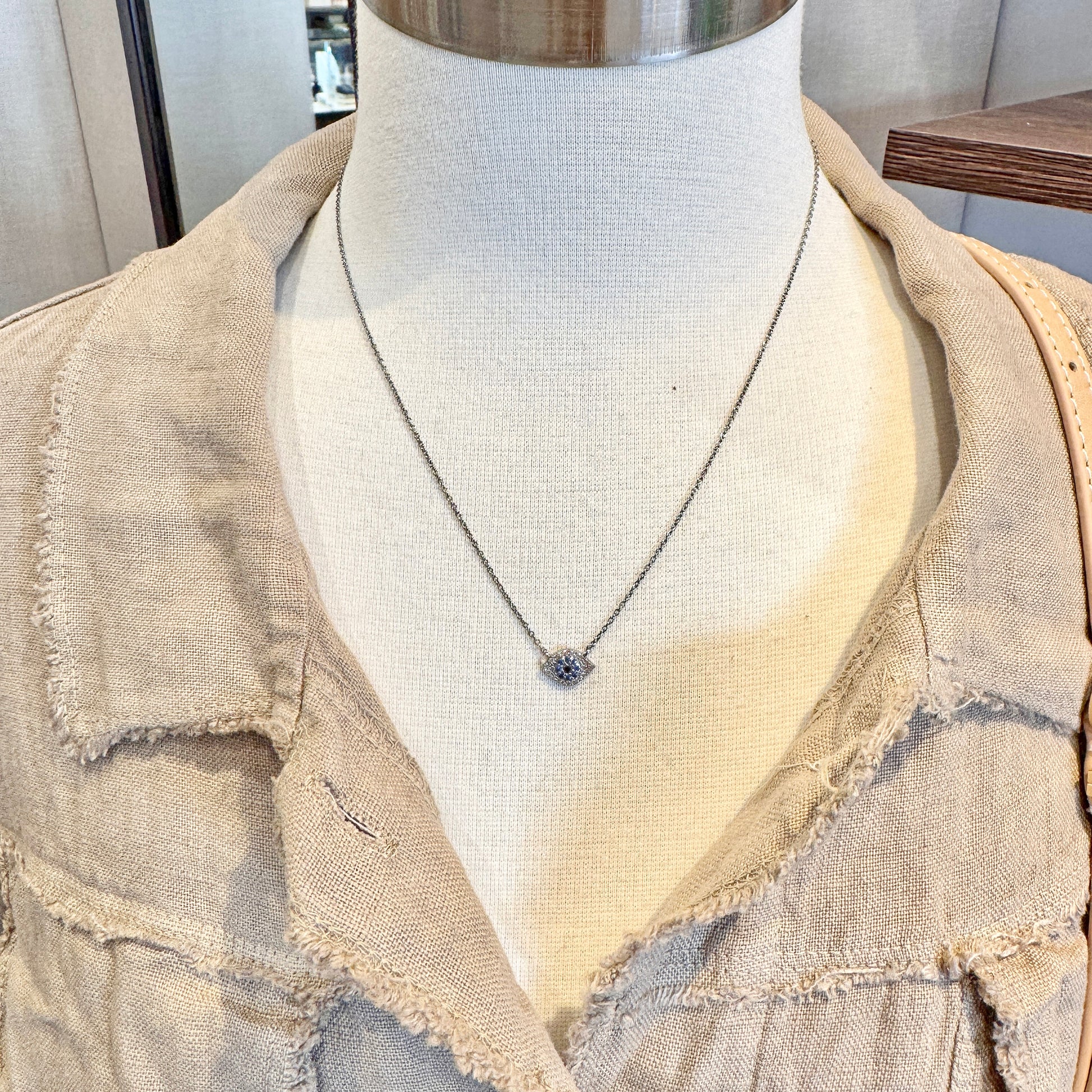 Oxidized Sterling Silver Evil Eye Necklace with Pavé Diamonds + Sapphires