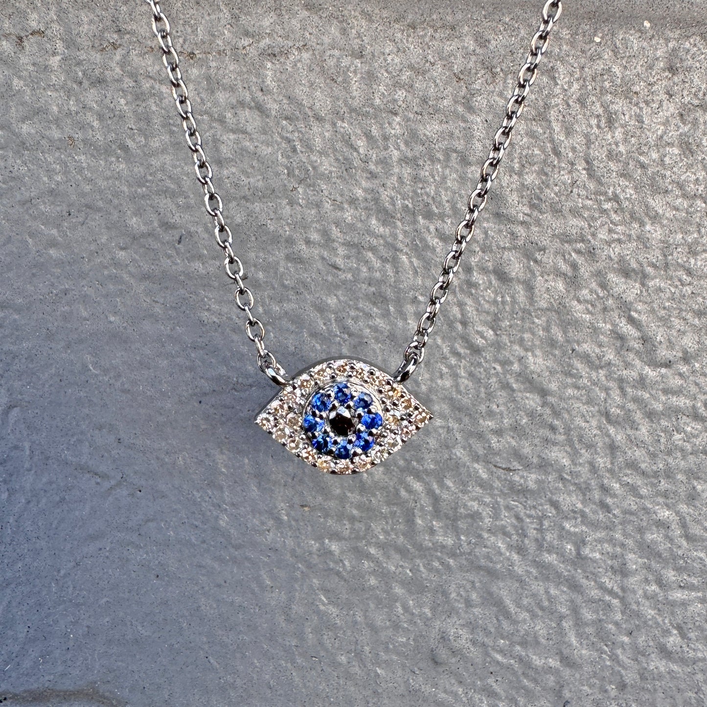 Oxidized Sterling Silver Evil Eye Necklace with Pavé Diamonds + Sapphires