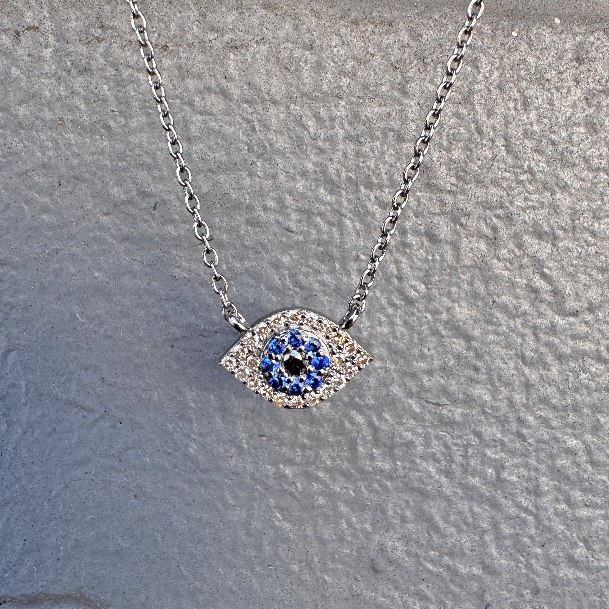 Oxidized Sterling Silver Evil Eye Necklace with Pavé Diamonds + Sapphires