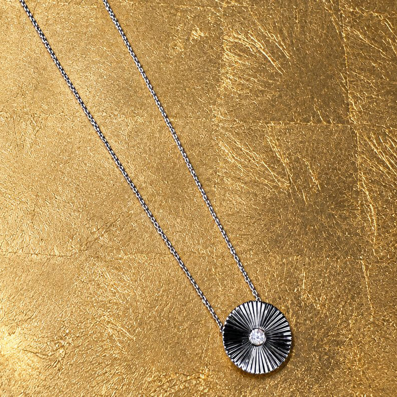 Radiant Disc Pendant Necklace with Pavé Diamond Center