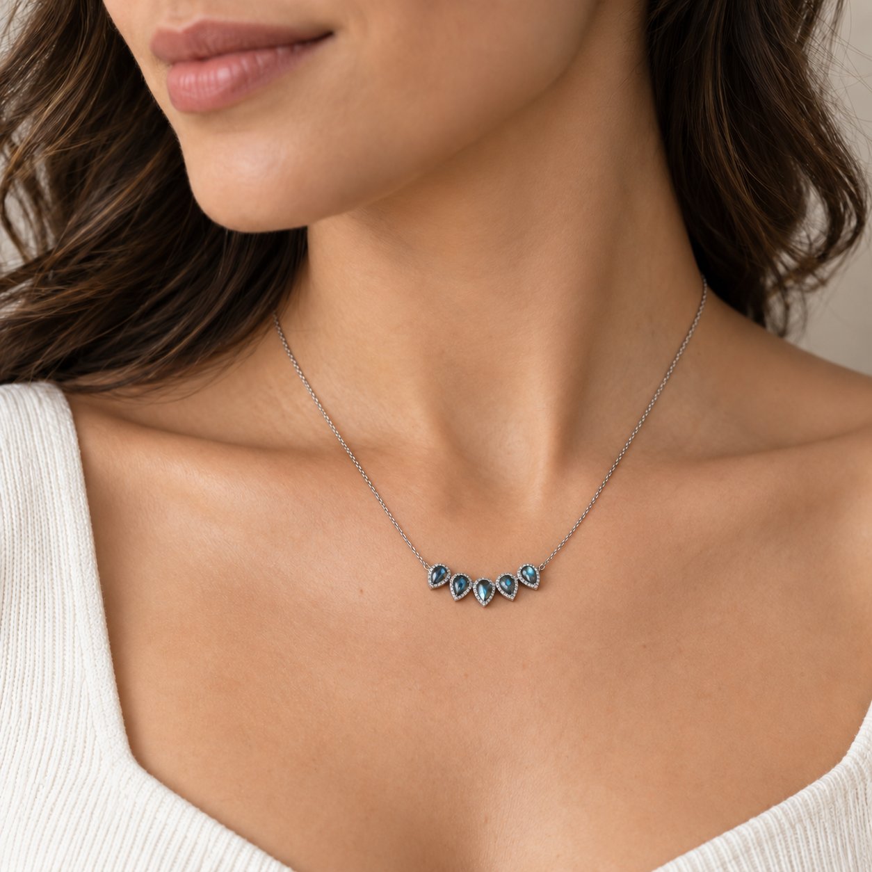 Five-Stone Labradorite Necklace with Pavé Diamond Halos