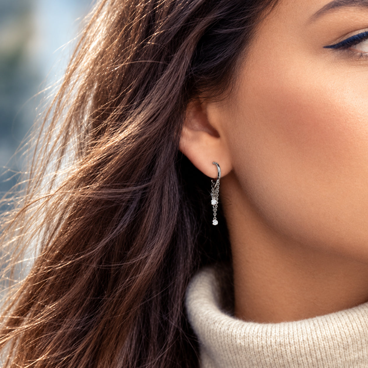Sterling Silver Huggie Earrings with Diamond + Chain Drops
